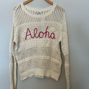 NWT Francesca's Collections Ivory Openwork 'Aloha' Script Sweater Women’s Small
